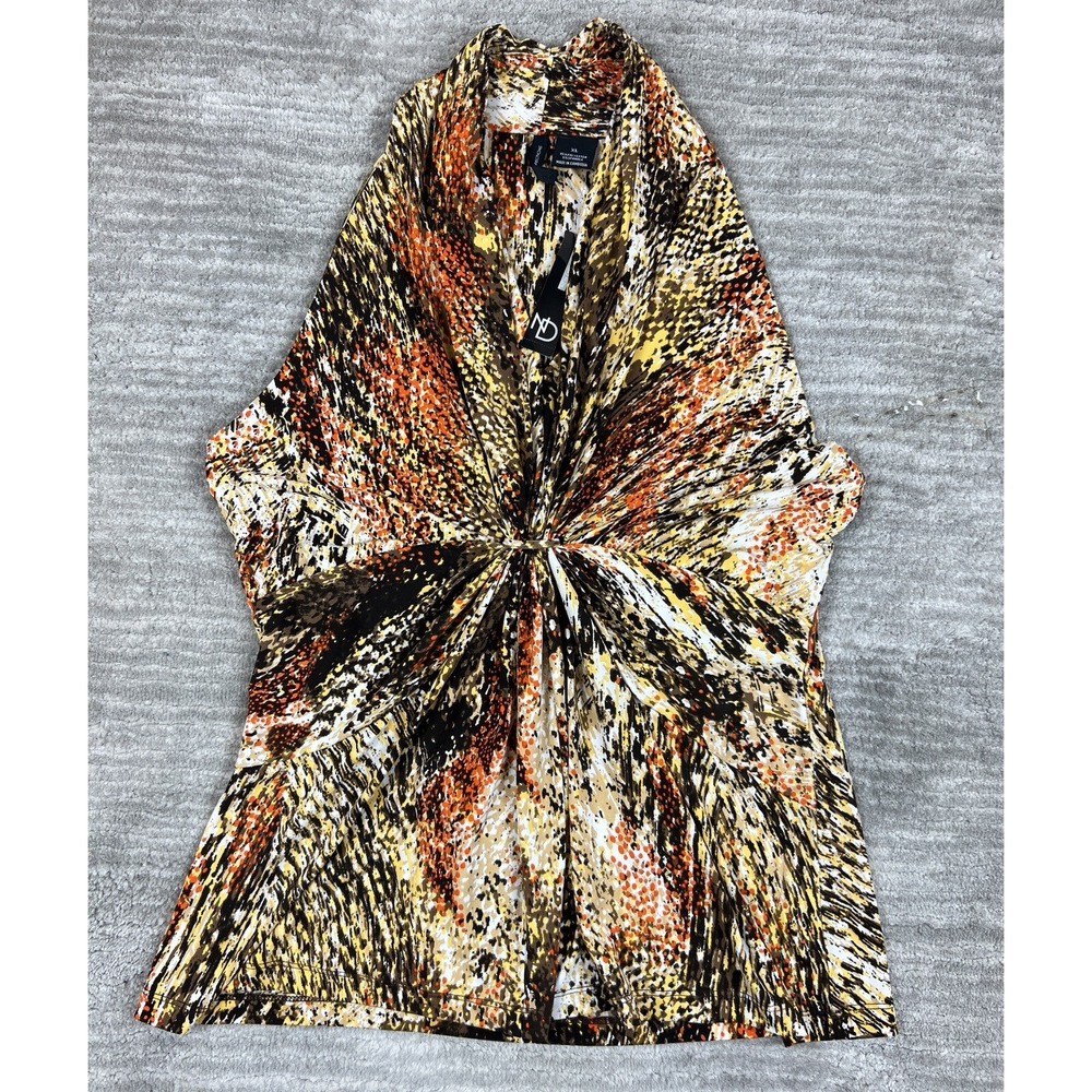 New Directions Blouse Womens XL Brown Yellow Animal Print Twist Front Halter Top
